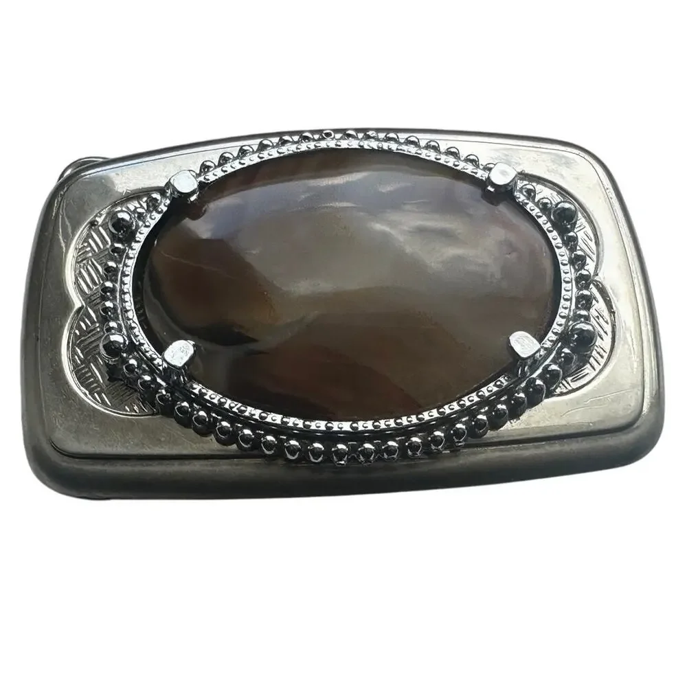 Belt Buckle Oval Brown Agate Silver Tone Western